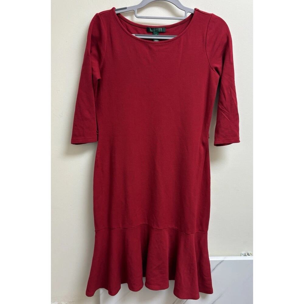 Lauren Ralph Lauren‎ Women’s Red Dress Size S 3/4 Sleeve Flounce Hem READ